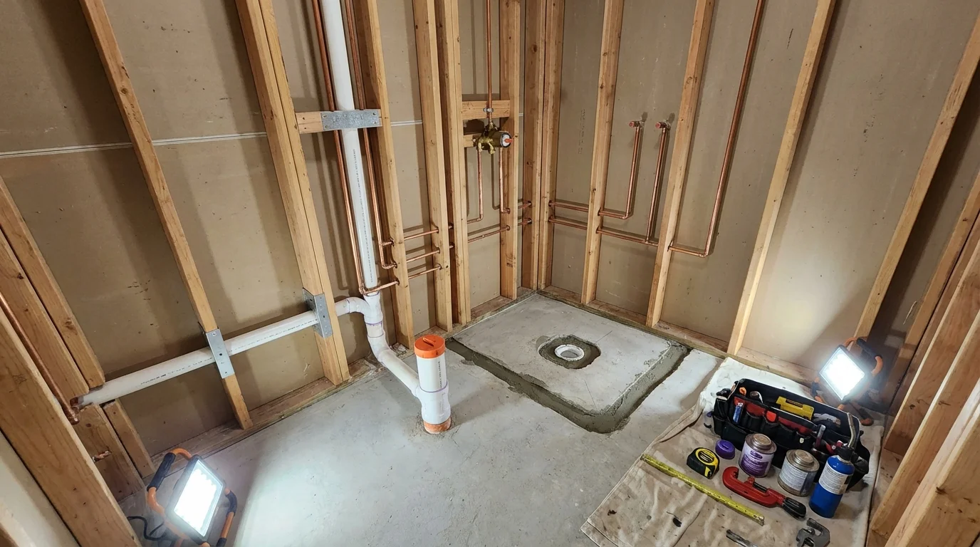 Bathroom rough-in plumbing during remodel by Johns Plumbing LLC in Shamokin