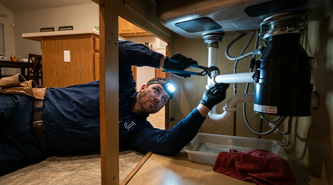 P-trap and supply line connections under a kitchen sink showing a common leak point in Shamokin, PA